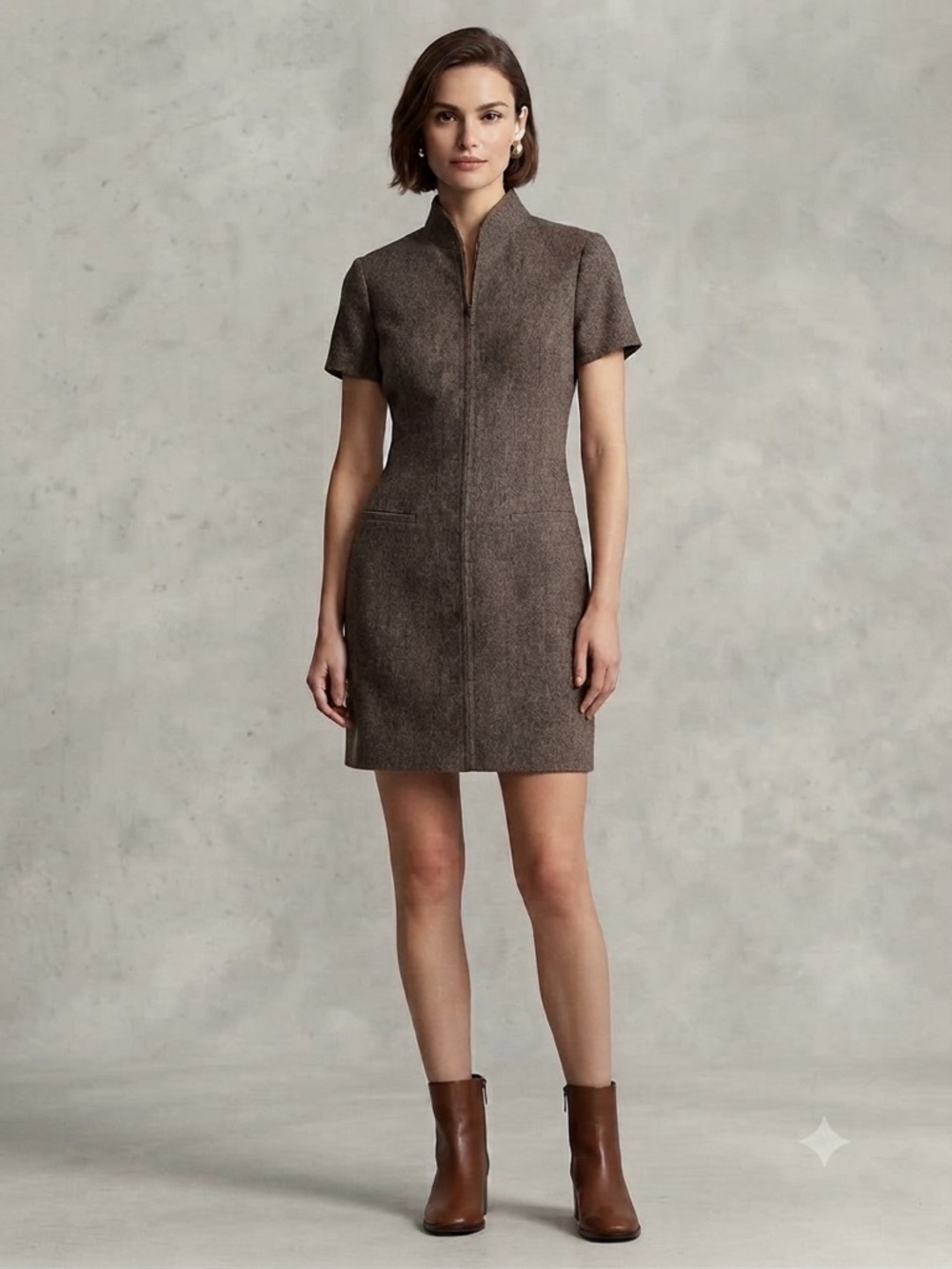 Zara Brown Short-Sleeve Mini Sheath Dress